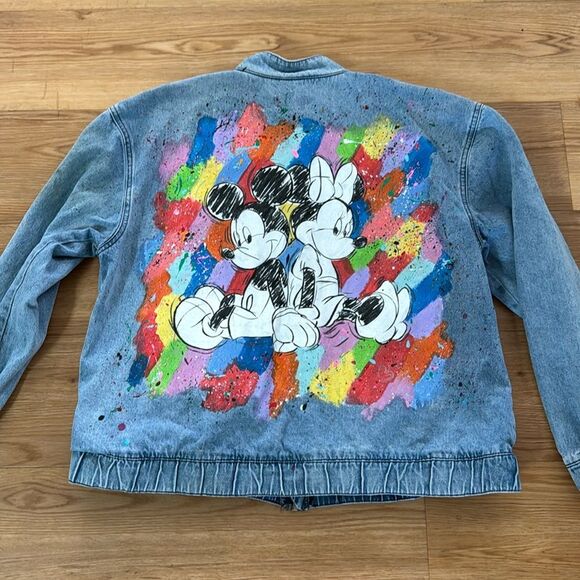 Disney Mickey & Minnie Hand Painted Splash of Color Denim Jacket Size XL - Picture 1 of 8